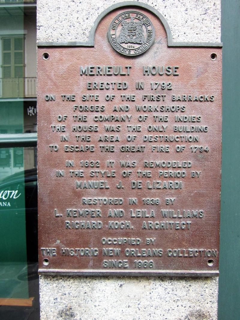 Merieult House plaque - New Orleans - History's Homes