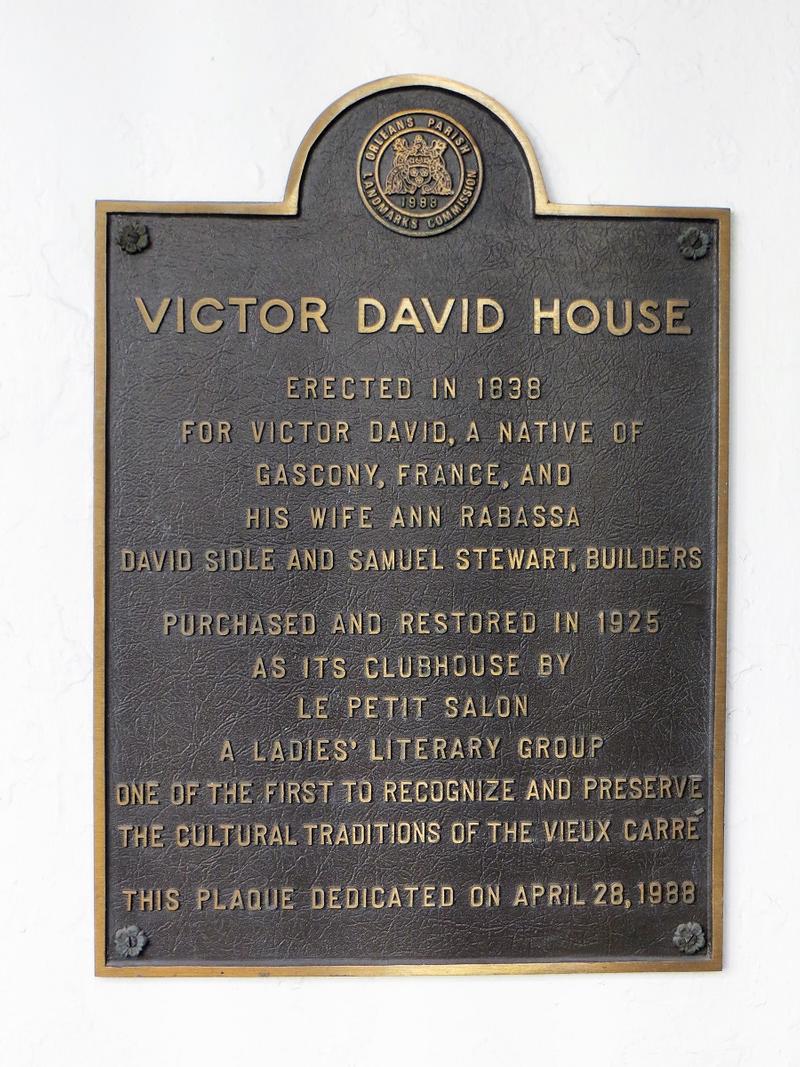 Victor David House plaque - New Orleans - History's Homes