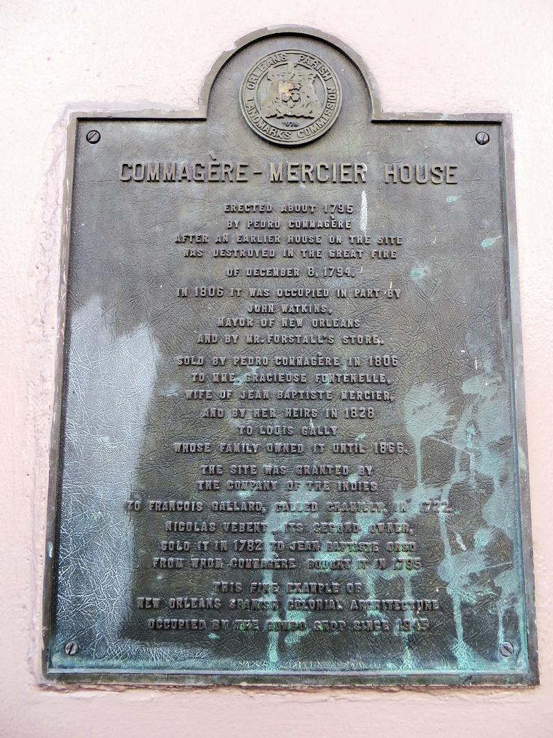 Commagère-Mercier House plaque - New Orleans - History's Homes