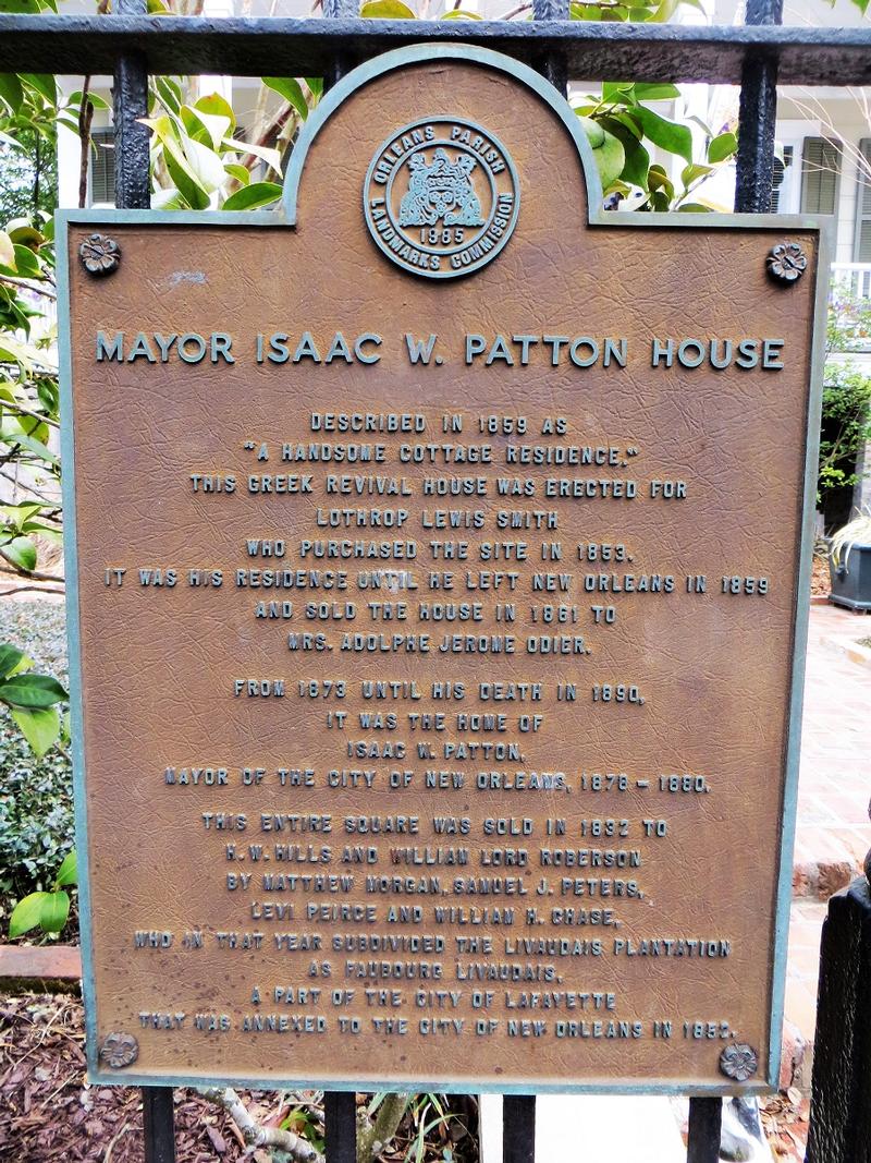 Mayor Isaac W. Patton House plaque - New Orleans - History's Homes