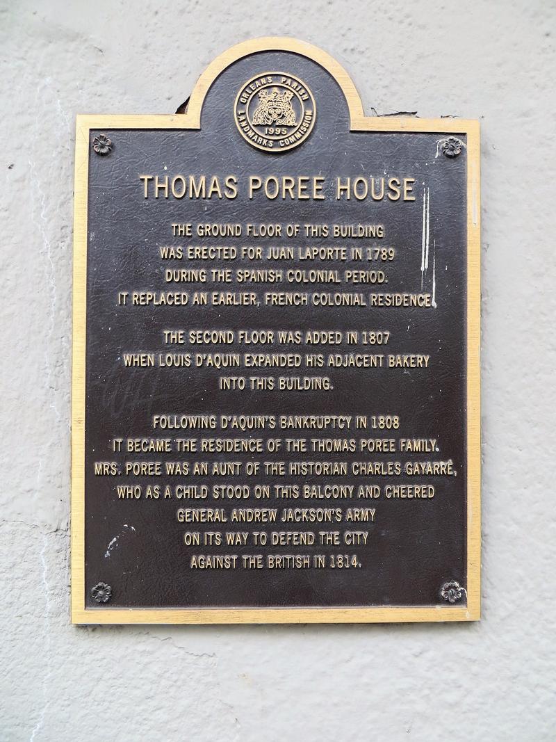 Thomas Poree House marker - New Orleans - History's Homes