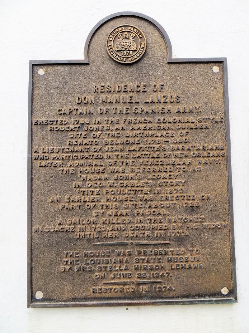 Madame John's Legacy - Manuel Lanzos plaque - History's Homes